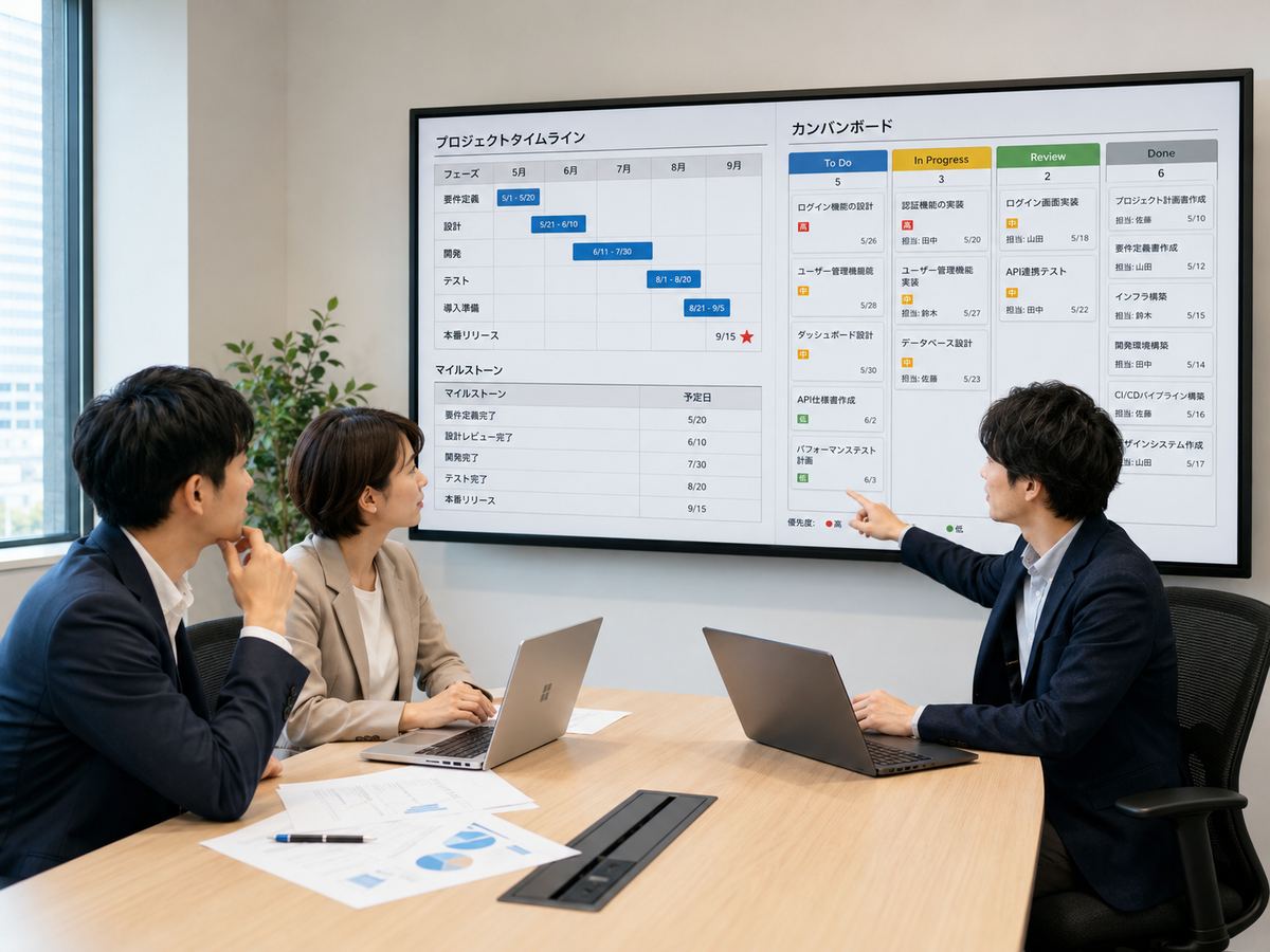 案件型テンプレートのイメージ：プロジェクトタイムラインとカンバンボード